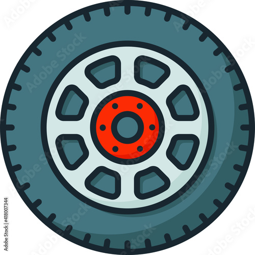 Spare Tire Symbol, Simple Perfect Shape Wear Tire Concept, Tyre with Alloy Rim Concept Vector Color Icon Design, Motor Vehicle Service and automobile repair shop Symbol, Lorry spare parts Sign, auto m