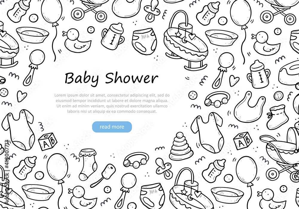 Fototapeta premium Hand drawn banner of baby shower things, toy, rattle, milk bootle, clothes. Doodle sketch style. Baby element drawn by digital pen. Illustration for banner, background design template.
