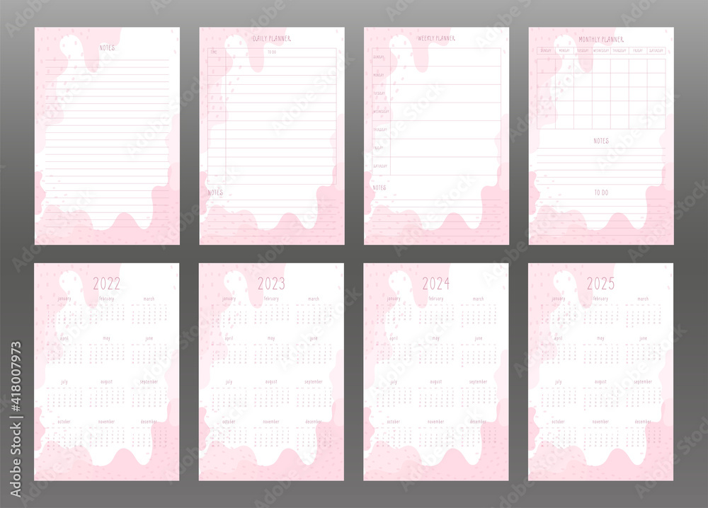 2022 2023 2024 2025 calendar and daily weekly monthly personal planner. Light pink abstract spots and dots, delicate feminine style. Week starts on sunday