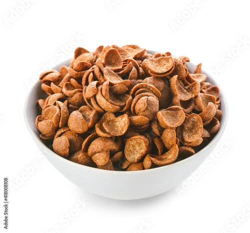 Bowl with tasty cornflakes on white background