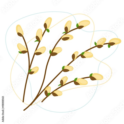 Spring branch of pussy-willow on a white background. Cartoon easter bouquet. Vector composition for the design of congratulations, cards for Palm Sunday.