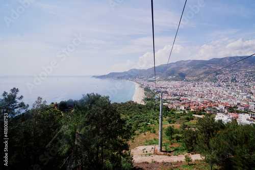 Cable car over Cleopatra beach in Alanya, Turkey. The cable car ride  to the top of the castle.