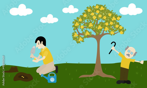 Man planted money trees.Retirement Money Plan Concept.Growth process money.financial profit growth. investment.vector, illustration