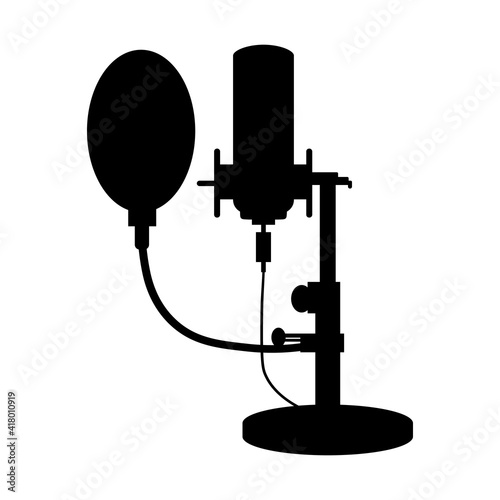 Microphone silhouette on white background, icon, vector illustration, podcast and mass media concept.