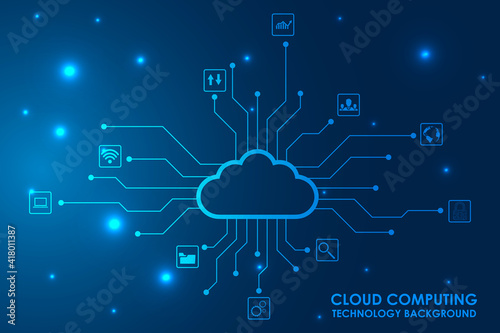 Cloud computing, Cyber technology background, internet data storage, database and mobile server concept, Cloud Computing network with internet icons. Vector illustration