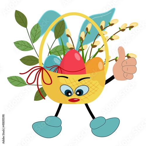 Funny Easter basket with bunny ears and eyes and thumb up. Comic character decorated with birch and pussy willow branches. Vector isolated on white background.