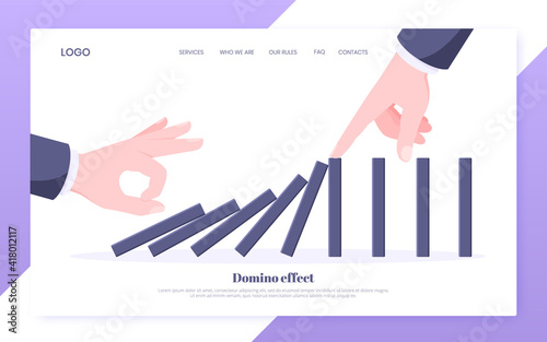 Domino effect and business resilience concept. One hand starts chain reaction of falling board game blocks of dominoes and another hand stops it landing page flat style design vector illustration.