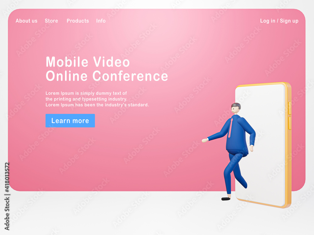 3d illustration cartoon Businessman with online video conference, Video meeting of people group and interview - Web banner, start site page, infographics