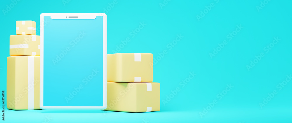 3D render of mobile and parcel boxs. Shopping online and e-commerce on web business concept. Secure online payment transaction with smartphone. 3D render of mobile and parcel boxs. Shopping online and e-commerce on web business concept. Secure online payment transaction with smartphone.