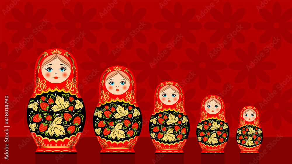 Wooden nesting dolls. Hand-painted. Matryoshka dolls are traditional Russian souvenirs.