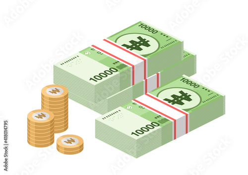 Isometric stacks of South Korean won banknones. Paper money 10000 KRW. Official currency cash. Flat style. Simple minimal design. Vector illustration.