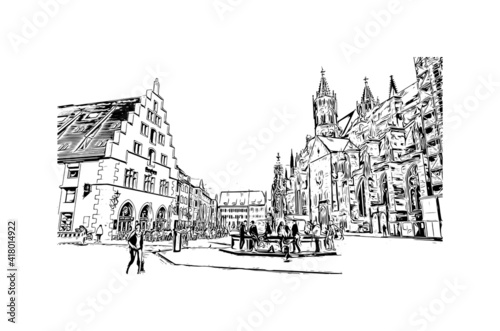 Building view with landmark of Freiburg im Breisgau is the
city in Germany. Hand drawn sketch illustration in vector.