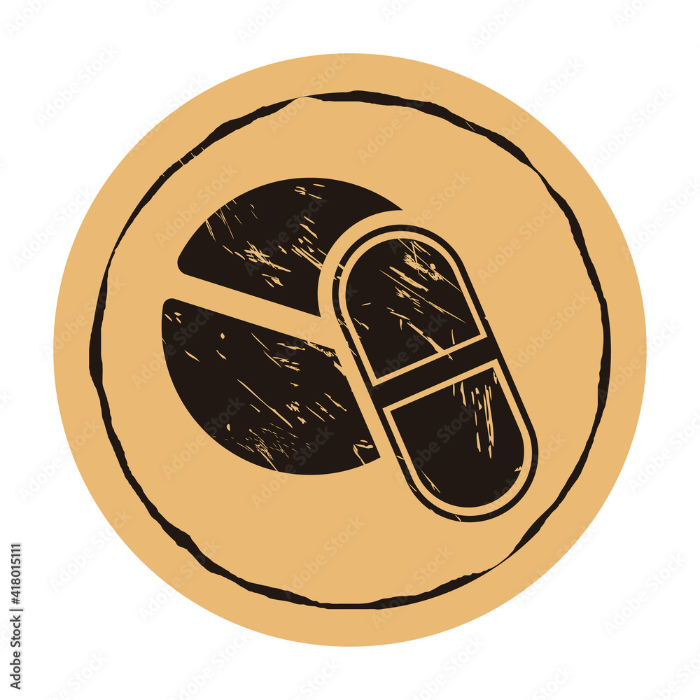 Vector round stamp with round and oval pills on craft background in old style. Round shape capsule pill silhouette grunge texture. Tablet icon on flat minimal style. Pill icon page symbol for web site Vector round stamp with round and oval pills on craft background in old style. Round shape capsule pill silhouette grunge texture. Tablet icon on flat minimal style. Pill icon page symbol for web site