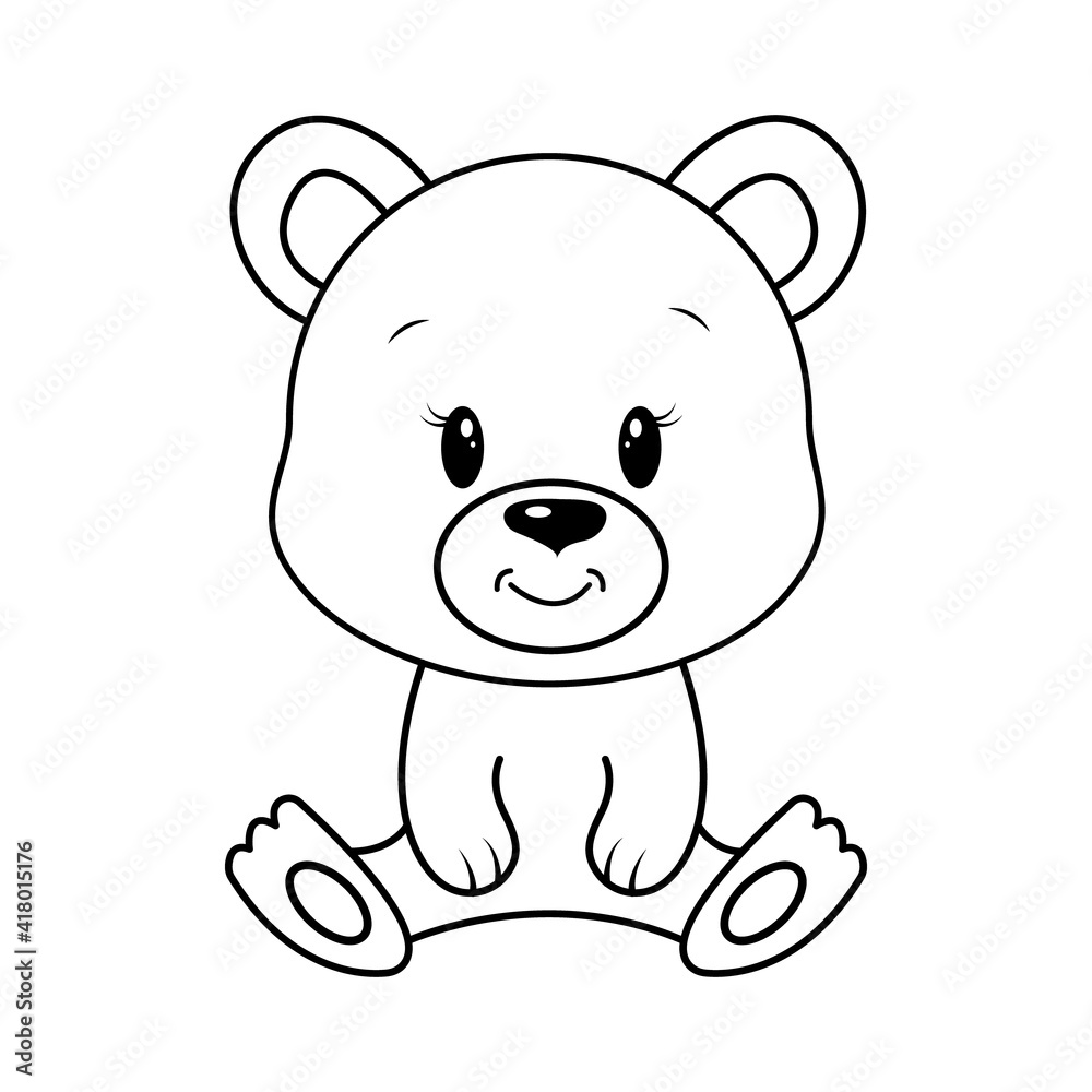 Hand drawn bear, of black contour isolated on white background. Design element for coloring book. Vector. 