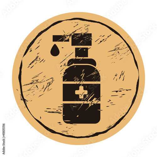 Vector round stamp with a bottle with antiseptic on craft background in old style. Antiseptic agent protecting against coronavirus silhouette grunge texture. Antiseptic icon on flat minimal style.