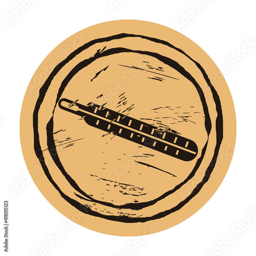 Vector round stamp with thermometer on craft background in old style. Temperature gauge silhouette grunge texture. Thermometer icon on flat minimal style. 