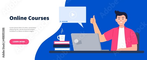 Banner for a Site with a Distance Education Theme. Online Education, E-learning, Studying at Home, Tutorials. Vector Flat Illustration.
