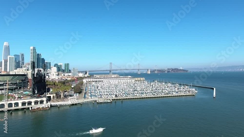 Aerial view of ATT Oracle Park Baseball stadium, Bay Bridge and downtown San Francisco shot in 4k high resolution photo