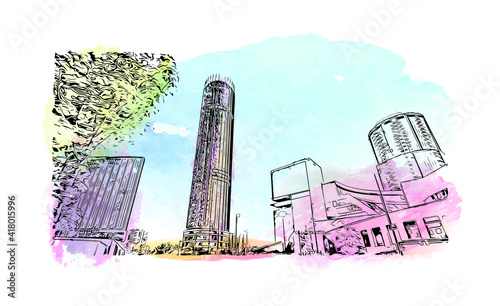 Building view with landmark of Yekaterinburg is a city in Russia. Watercolour splash with hand drawn sketch illustration in vector.