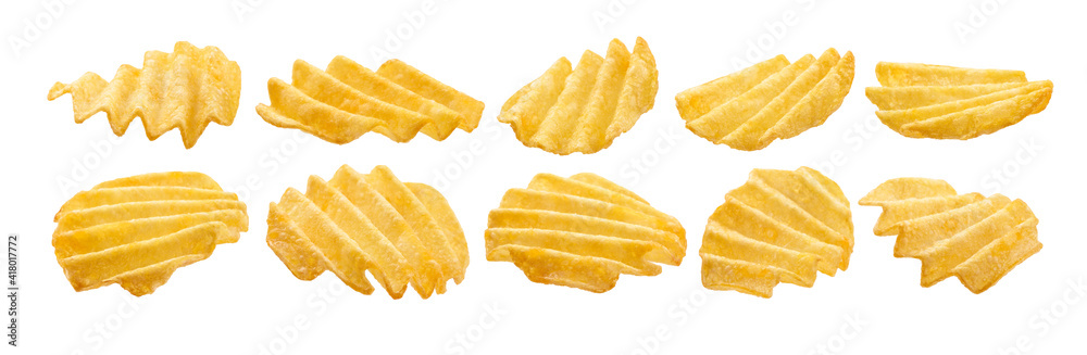 A set of fluted potato chips. Isolated on a white background A set of fluted potato chips. Isolated on a white background