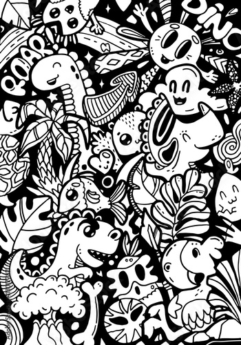 Doodling cute kawaii cartoon characters dinosaurs. Black and white coloring book page, hand drawn background. Vector illustration