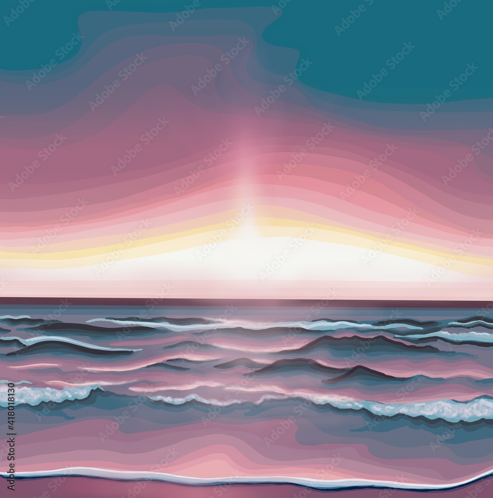 Pink Sunrise On the Sea Landscape Digital Illustration