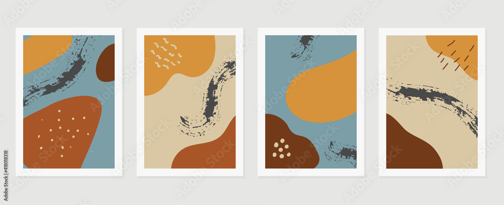 Abstract wall arts vector background collection.  Earth tones Hand drawn organic shape art design for wall framed prints, canvas prints, poster, home decor, cover, wallpaper.