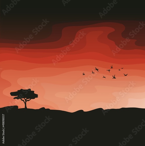 Tree and Flock of Birds Silhouette Against Orange Sunset Digital Illustration