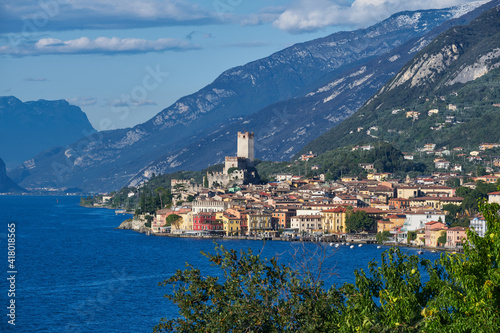 Panoramic view of the old town of Malcesine. Palazzo dei Capitani is a historic building in Italy. Italian resort on Lake Garda. Scaliger Castle in Malcesine Lake Garda Italy.