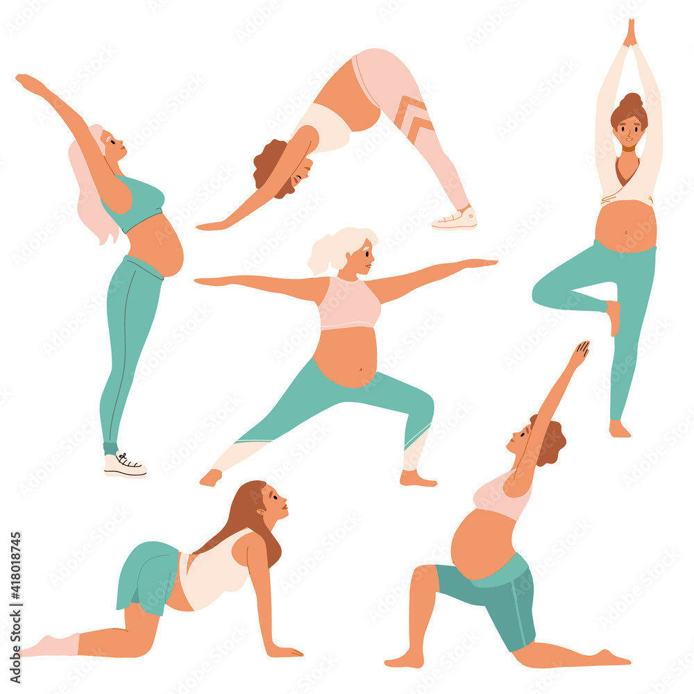 Yoga group for pregnant woman doing stretching physical exercises set. Diverse women with belly practicing prenatal yoga exercise class. Pose collection, stretching in different poses, working out.