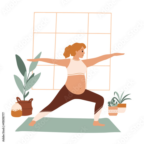 Pregnant woman in sportswear doing stretching physical exercises. Young mother with belly practicing prenatal yoga exercise class at home or gym. Relaxation, stretching, working out.