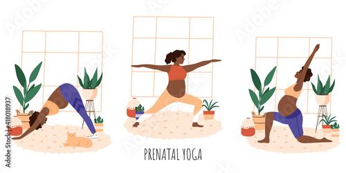 Yoga group for pregnant woman doing stretching physical exercises set. Diverse women with belly practicing prenatal yoga exercise class. Pose collection, stretching in different poses, working out.
