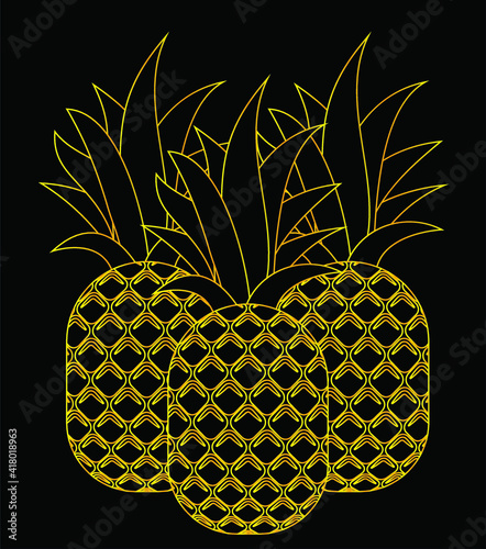 vector pineapple on black background. flat image of three pineapples with a yellow outline. yellow pineapple outline with leaves on black background