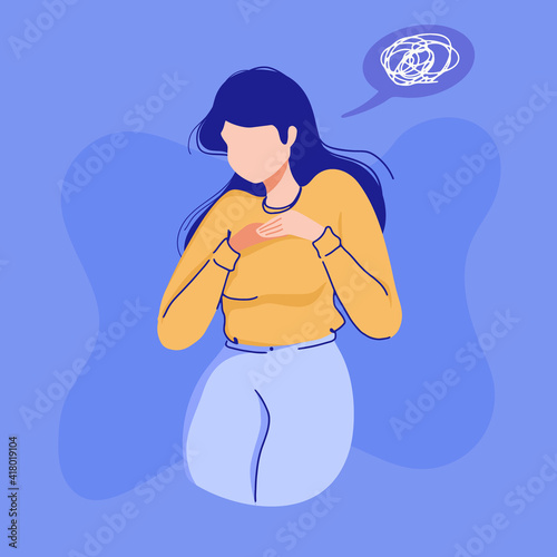 Depressed unhappy woman suffering from depression, sorrow, sadness, anxiety. Mental health disorder or illness.Flat vector illustration psychotherapy, psychologist online concept