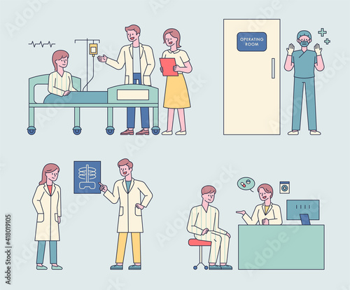 Doctor character's tasks. Doctors are taking care of patients, performing surgery, and treating patients. flat design style minimal vector illustration.