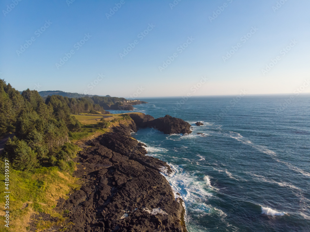 rocks and ocean water, coast landscape top view