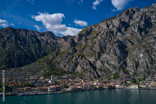 Town Limone Sul Garda, Lake Garda, Italy. Italian resort on Lake Garda. Panoramic aerial view of the historic part of the city limone sul garda.