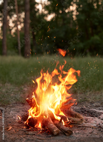 Beautiful campfire in the evening at the forest. Fire burning in dusk at campsite near a river in beautiful nature with evening sky at background