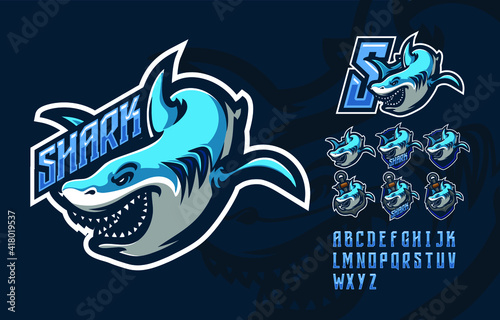 illustration vector graphic and font set of shark perfect for e-sport team mascot and game streamer