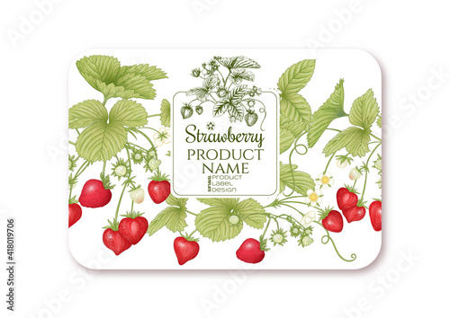 Strawberry. Ripe berries. Template for product label, cosmetic packaging. Easy to edit. Graphic drawing, engraving style. Vector illustration