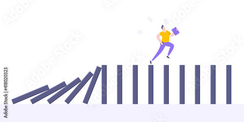 Domino effect or business cowardice metaphor vector illustration concept. Adult young businessman run away from falling domino line business concept problem solving and danger domino chain reaction.