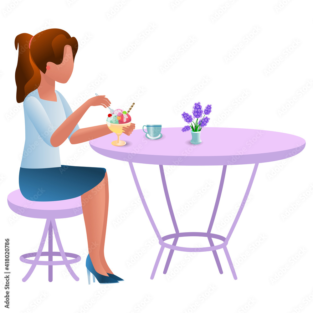 The girl is eating ice cream. Cafe, restaurant, home. The character is sitting at the table, drinking tea or coffee with ice cream. Vacation concept, vacation or lunch break between work. Vector The girl is eating ice cream. Cafe, restaurant, home. The character is sitting at the table, drinking tea or coffee with ice cream. Vacation concept, vacation or lunch break between work. Vector