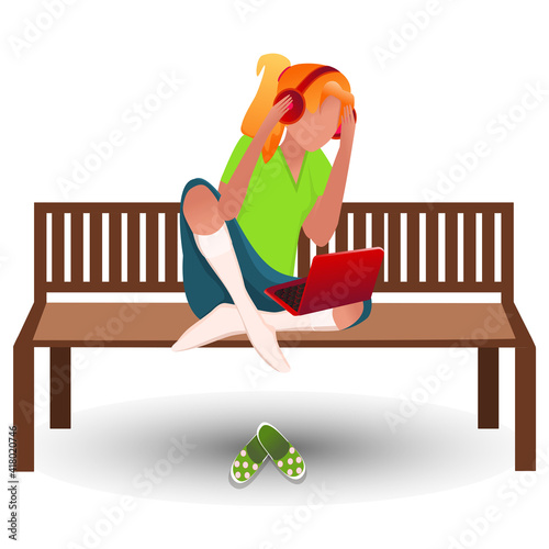 Open-air office. A girl with headphones sits alone on a bench, works at a laptop and listens to music. The concept of learning, communication, online, working at home. Vector, cartoon style.