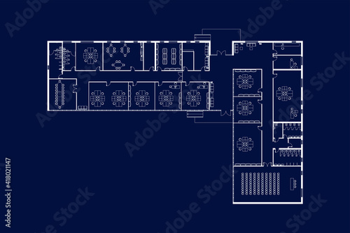 Modern office interior with furniture. Vector blueprint. Architectural background. 