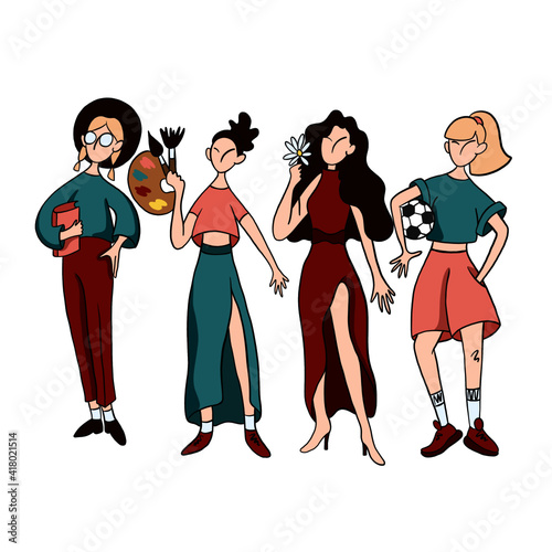 Vector girls of different temperaments