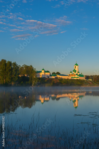 Sunrise over the Holy Trinity Alexander Svirsky Monastery. Holy Trinity Alexander Svirsky Monastery in the Leningrad region, known for architectural monuments of the XVI and XVII centuries.