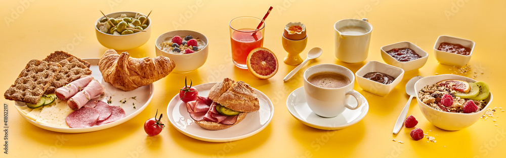 Assorted food and beverages for breakfast Assorted food and beverages for breakfast