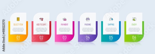 Concept of shopping process with 6 successive steps. Six colorful graphic elements. Timeline design for brochure, presentation, web site. Infographic design layout.