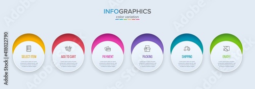 Concept of shopping process with 6 successive steps. Six colorful graphic elements. Timeline design for brochure, presentation, web site. Infographic design layout.