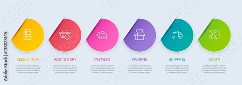 Concept of shopping process with 6 successive steps. Six colorful graphic elements. Timeline design for brochure, presentation, web site. Infographic design layout.
